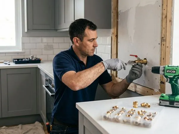 Técnico realizando adequação de ponto de gás em cozinha