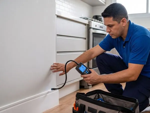 Técnico da Digotec realizando caça vazamento de gás com equipamento eletrônico