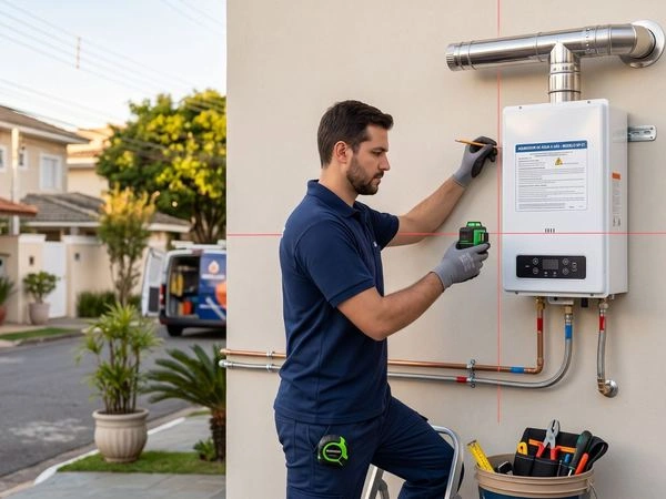 Técnico instalando aquecedor a gás em parede