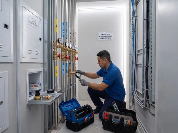 Técnico instalando tubulação de gás em apartamento