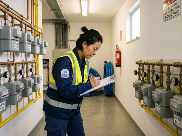 Técnico realizando manutenção predial na rede de gás de condomínio