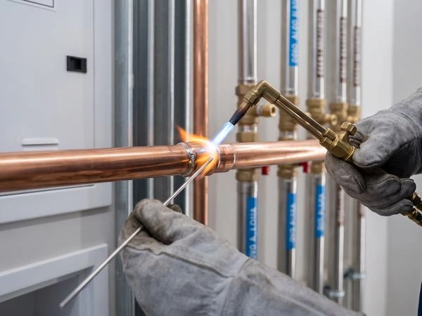 Técnico realizando reparo em tubulação de gás