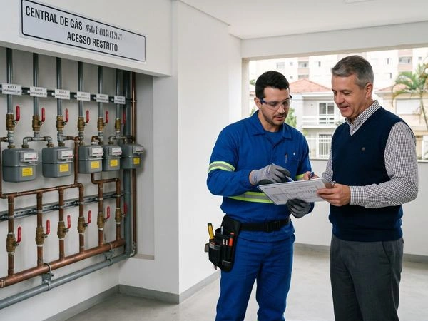 Técnico realizando revisão da rede de gás em condomínio