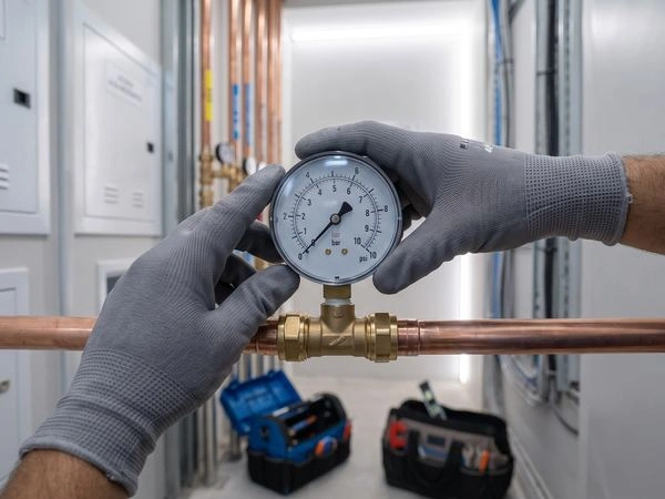 Técnico realizando teste de estanqueidade com manômetro em tubulação de gás